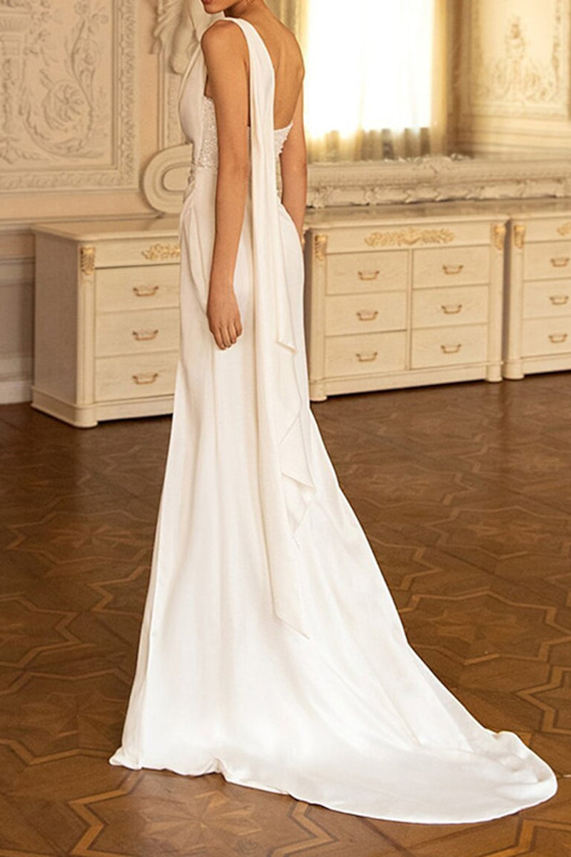 K1356 - One Shoulder Sequined Ruched Satin Sheath Long Wedding Dress