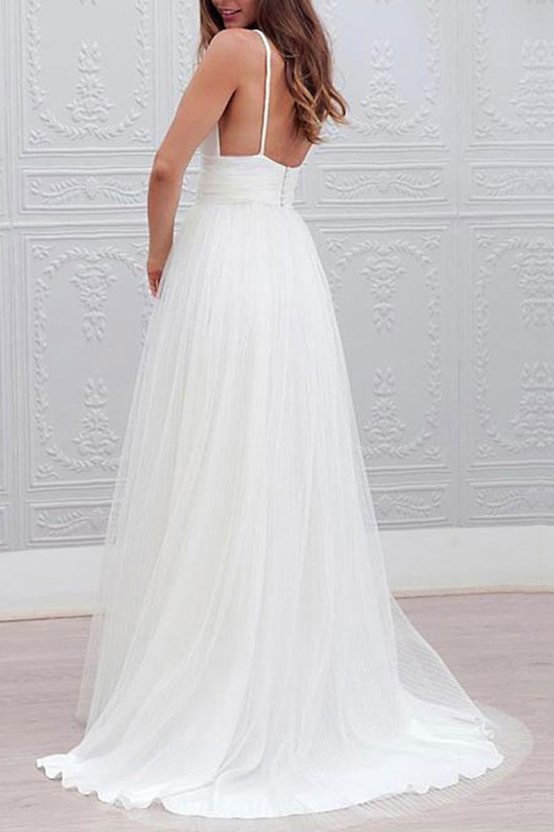 K1358 - V-Neck Spaghetti Straps Ruched Tulle A-Line Long Wedding Dress