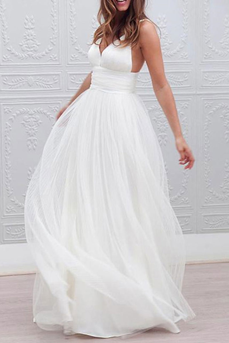 K1358 - V-Neck Spaghetti Straps Ruched Tulle A-Line Long Wedding Dress