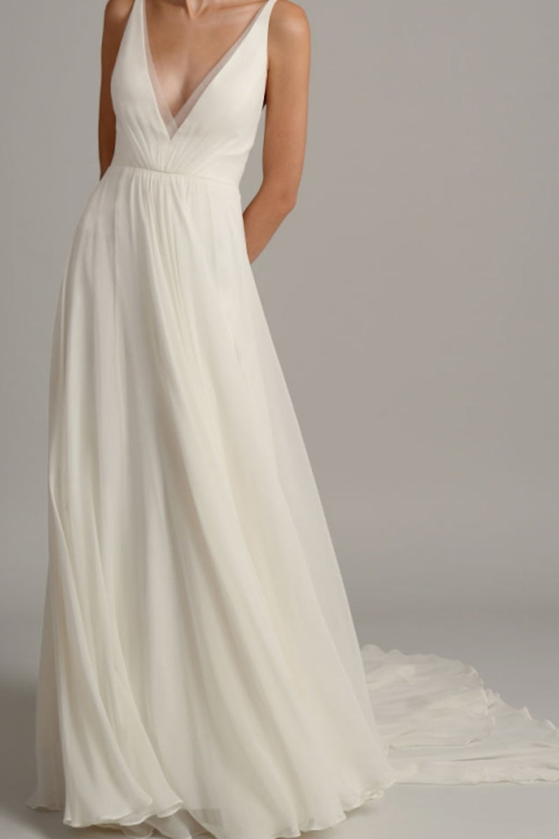 K1359 - Low V-Neck Spaghetti Straps Ruched Tulle A-Line Long Wedding Gown