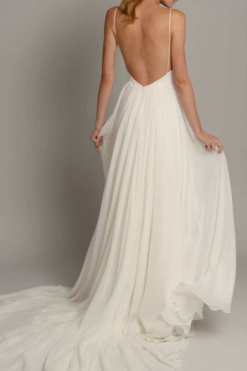 K1359 - Low V-Neck Spaghetti Straps Ruched Tulle A-Line Long Wedding Gown