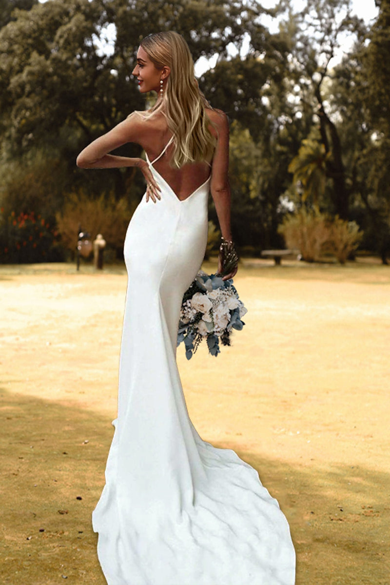 K1360 - Simple Beach V-Neck Spaghetti Straps Satin Sheath Long Wedding Dress