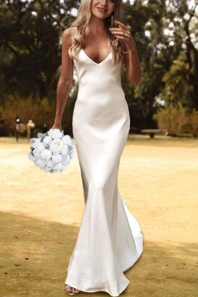 K1360 - Simple Beach V-Neck Spaghetti Straps Satin Sheath Long Wedding Dress