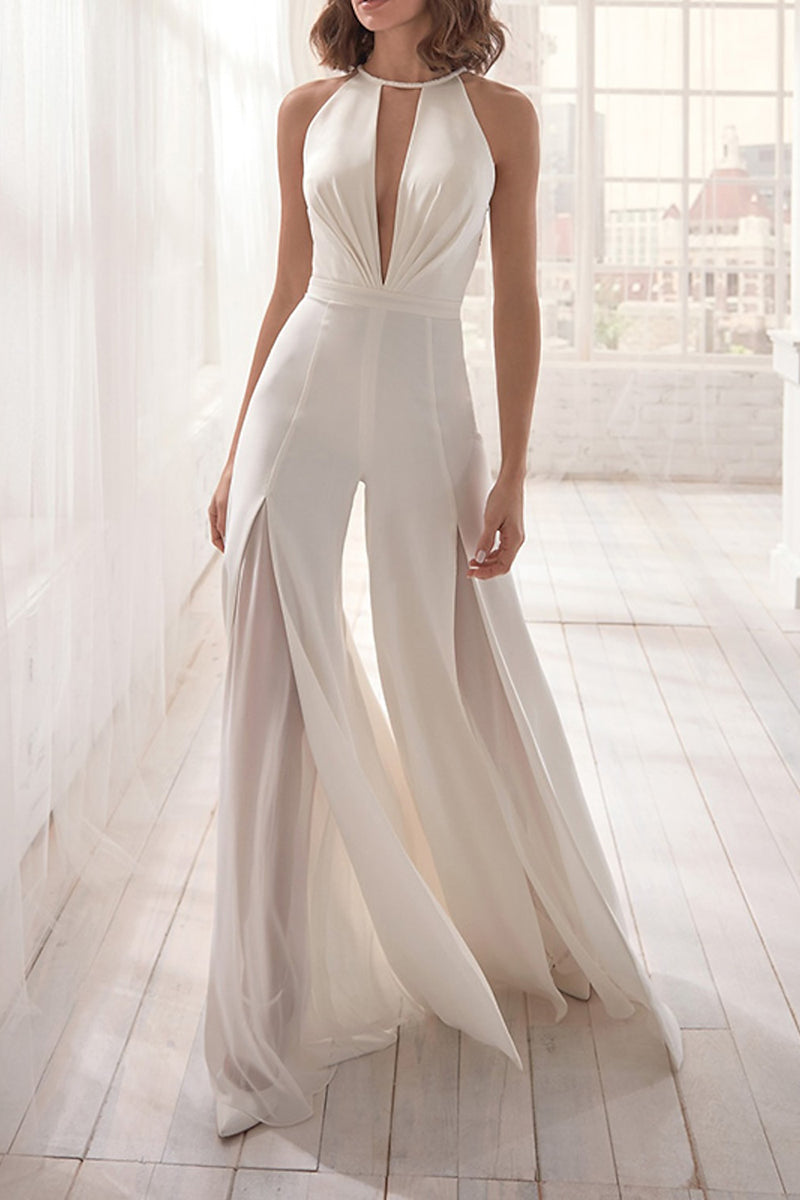 K1361 - Halter Low V-Neck Ruched Lace Satin Sheath Long Wedding Dress