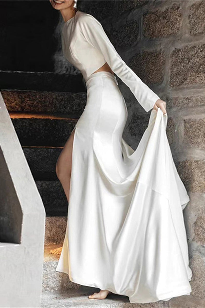 K1362 - Scoop Long Sleeves Backless Satin Sheath Long Wedding Dress