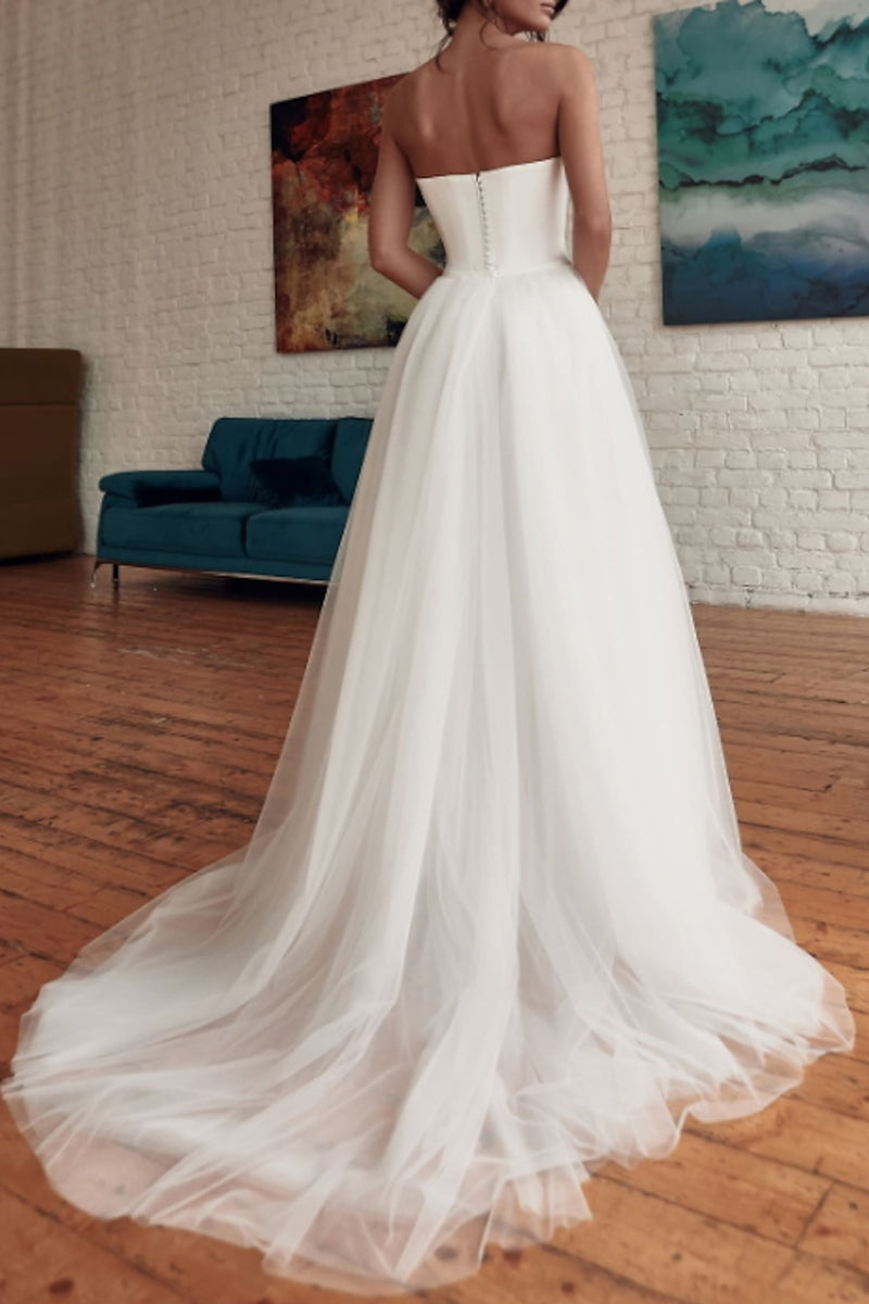 K1363 - Strapless Satin Sheath Long Wedding Dress With Detachable Sweep Train