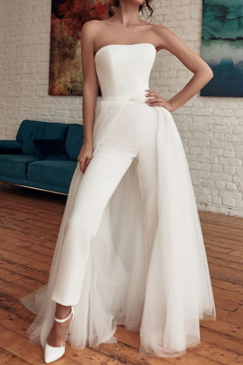 K1363 - Strapless Satin Sheath Long Wedding Dress With Detachable Sweep Train