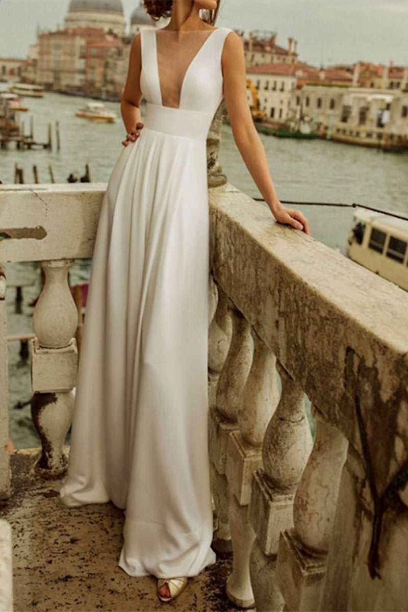 K1364 - Simple V-Neck Sleeveless Ruched Satin A-Line Long Wedding Dress