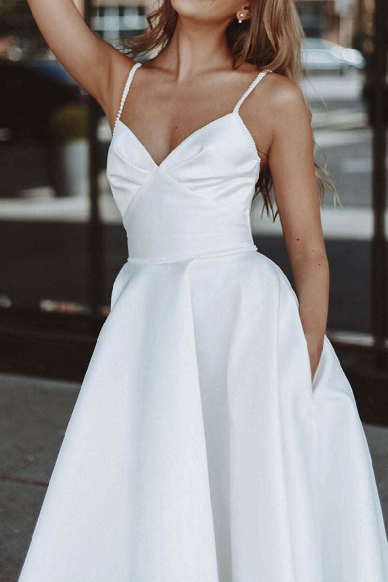 K1365 - Simple Summer V-Neck Spaghetti Straps Beaded Satin Midi Wedding Dress