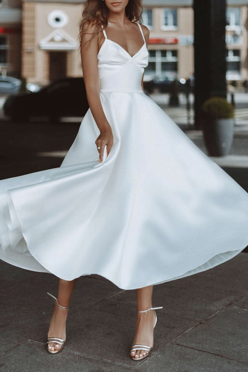 K1365 - Simple Summer V-Neck Spaghetti Straps Beaded Satin Midi Wedding Dress