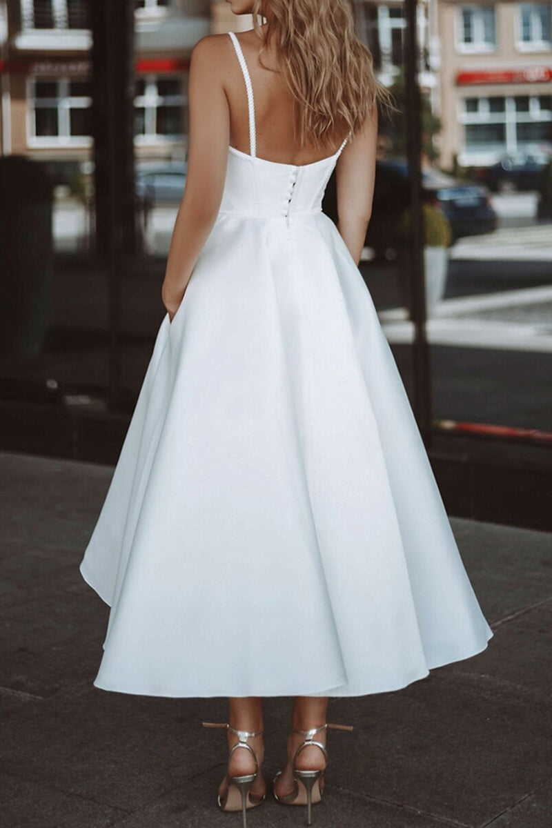 K1365 - Simple Summer V-Neck Spaghetti Straps Beaded Satin Midi Wedding Dress