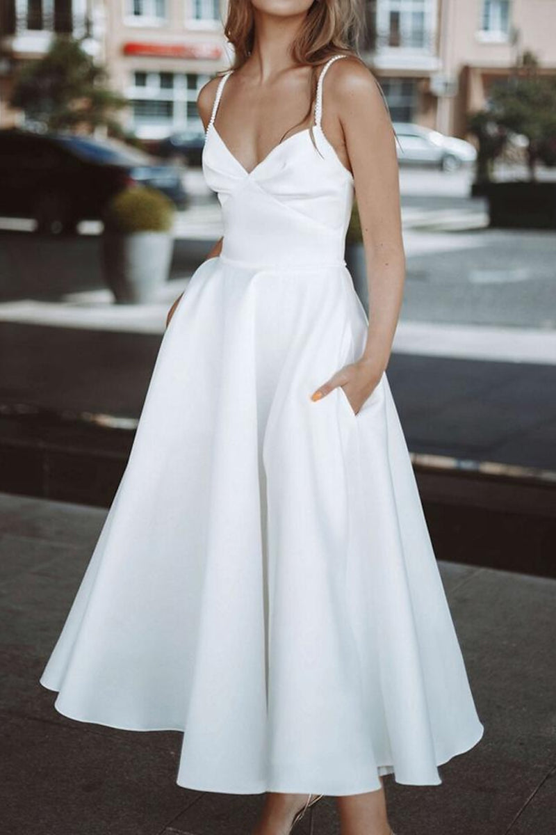 K1365 - Simple Summer V-Neck Spaghetti Straps Beaded Satin Midi Wedding Dress