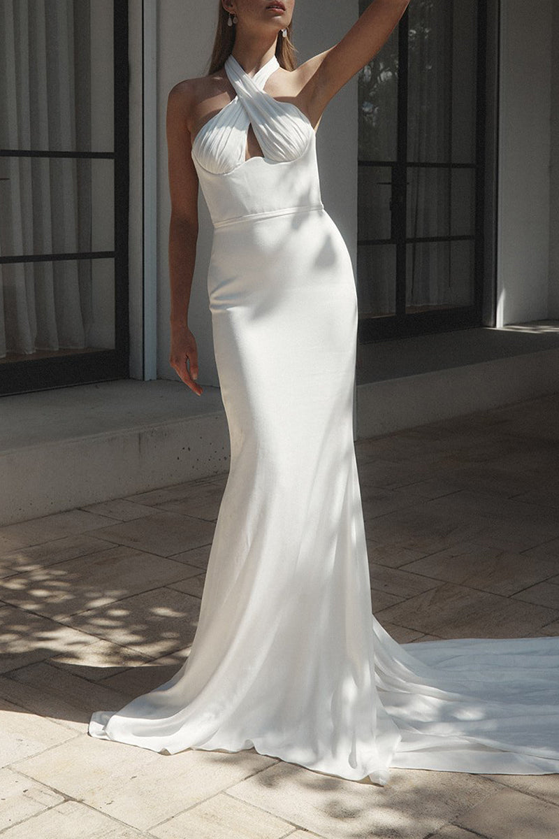 K1366 - Cross Neck Halter Sleeveless Ruched Satin Sheath Long Wedding Dress