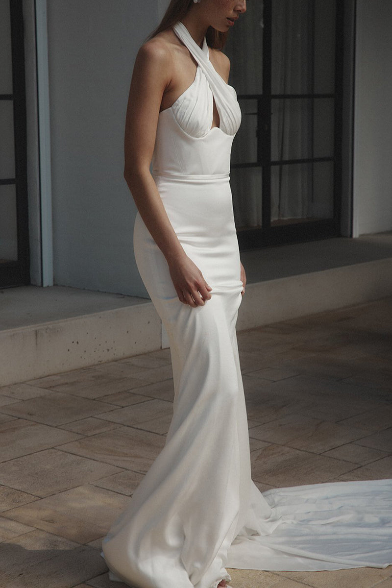 K1366 - Cross Neck Halter Sleeveless Ruched Satin Sheath Long Wedding Dress