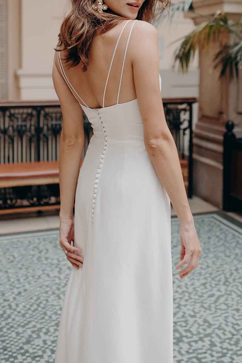 K1368 - V-Neck Spaghetti Straps Ruched Satin A-Line Long Wedding Dress