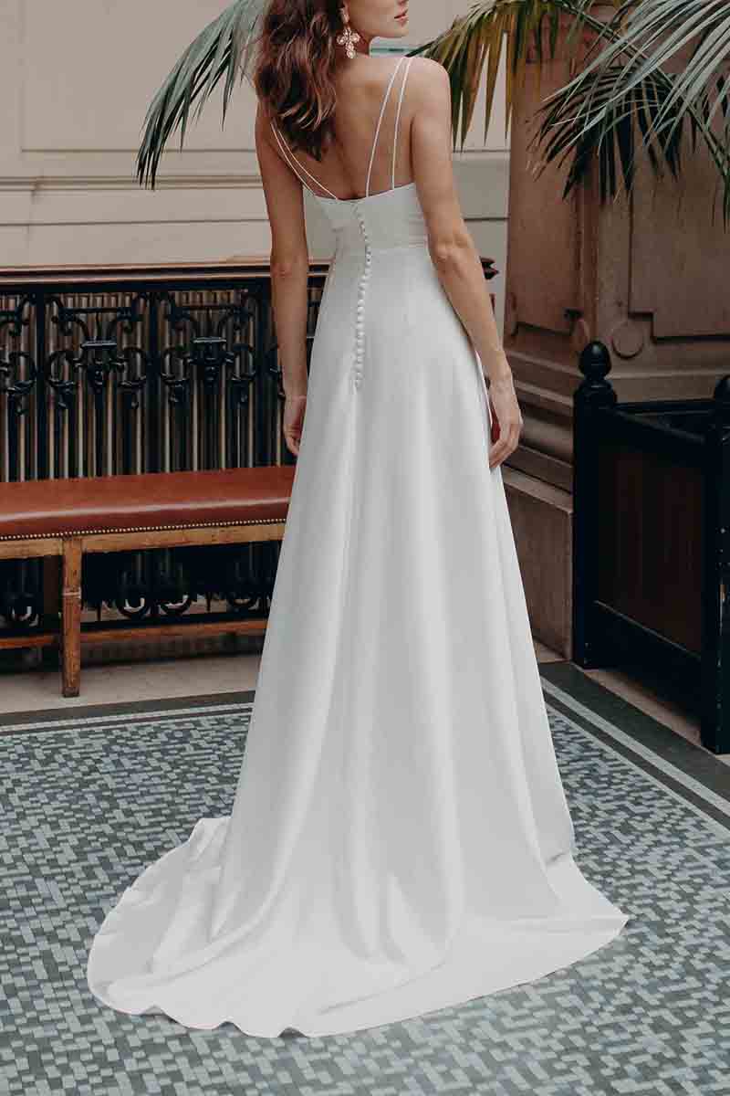 K1368 - V-Neck Spaghetti Straps Ruched Satin A-Line Long Wedding Dress