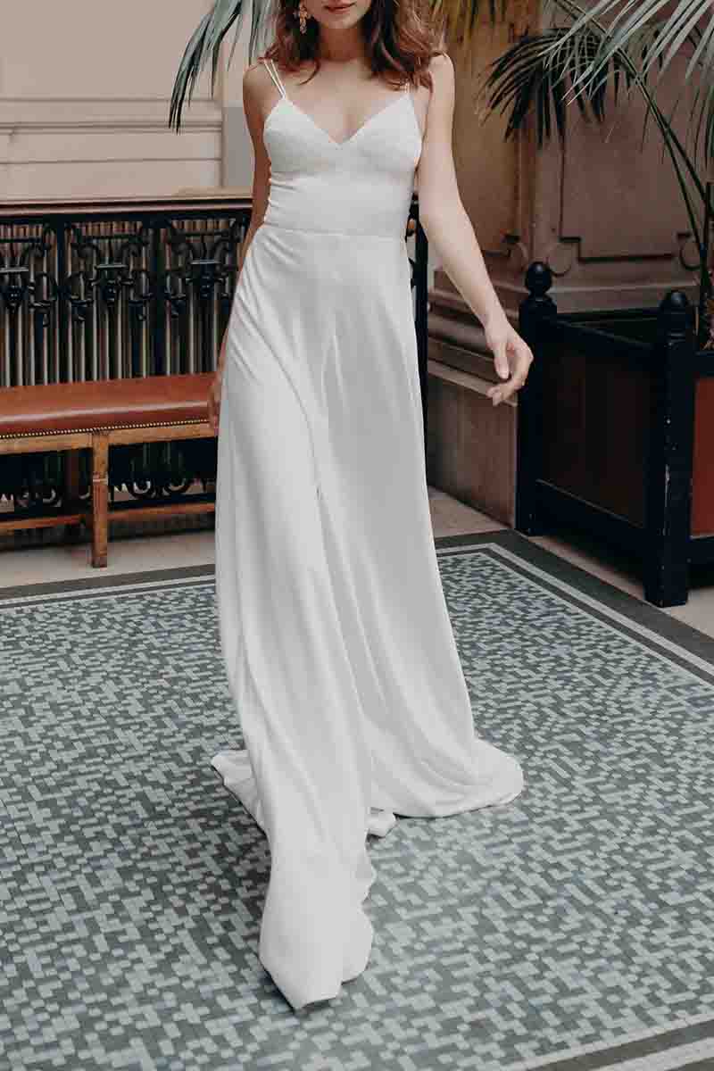 K1368 - V-Neck Spaghetti Straps Ruched Satin A-Line Long Wedding Dress