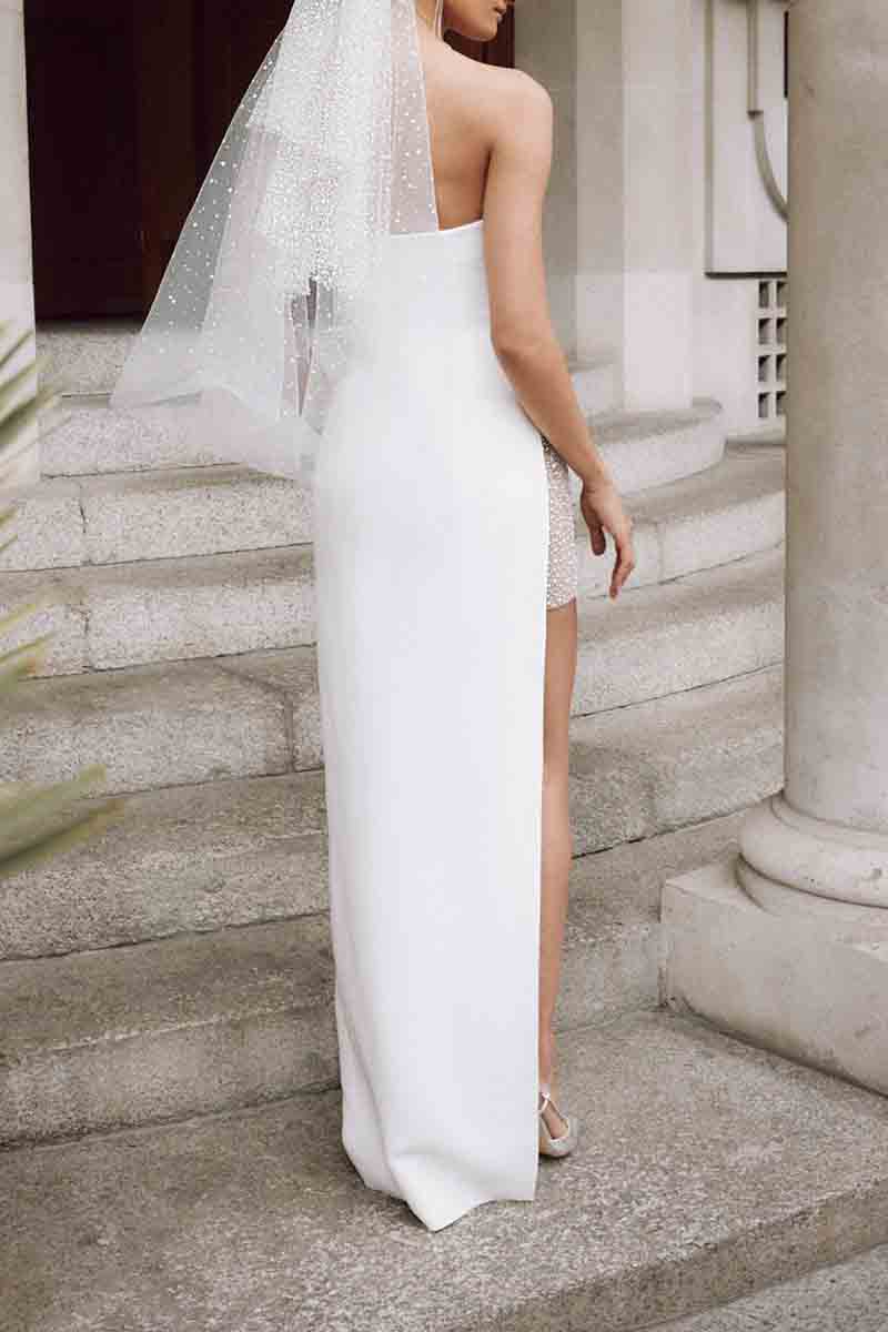 K1369 - Beach Simple Strapless Satin Sheath Long Wedding Dress With Slit