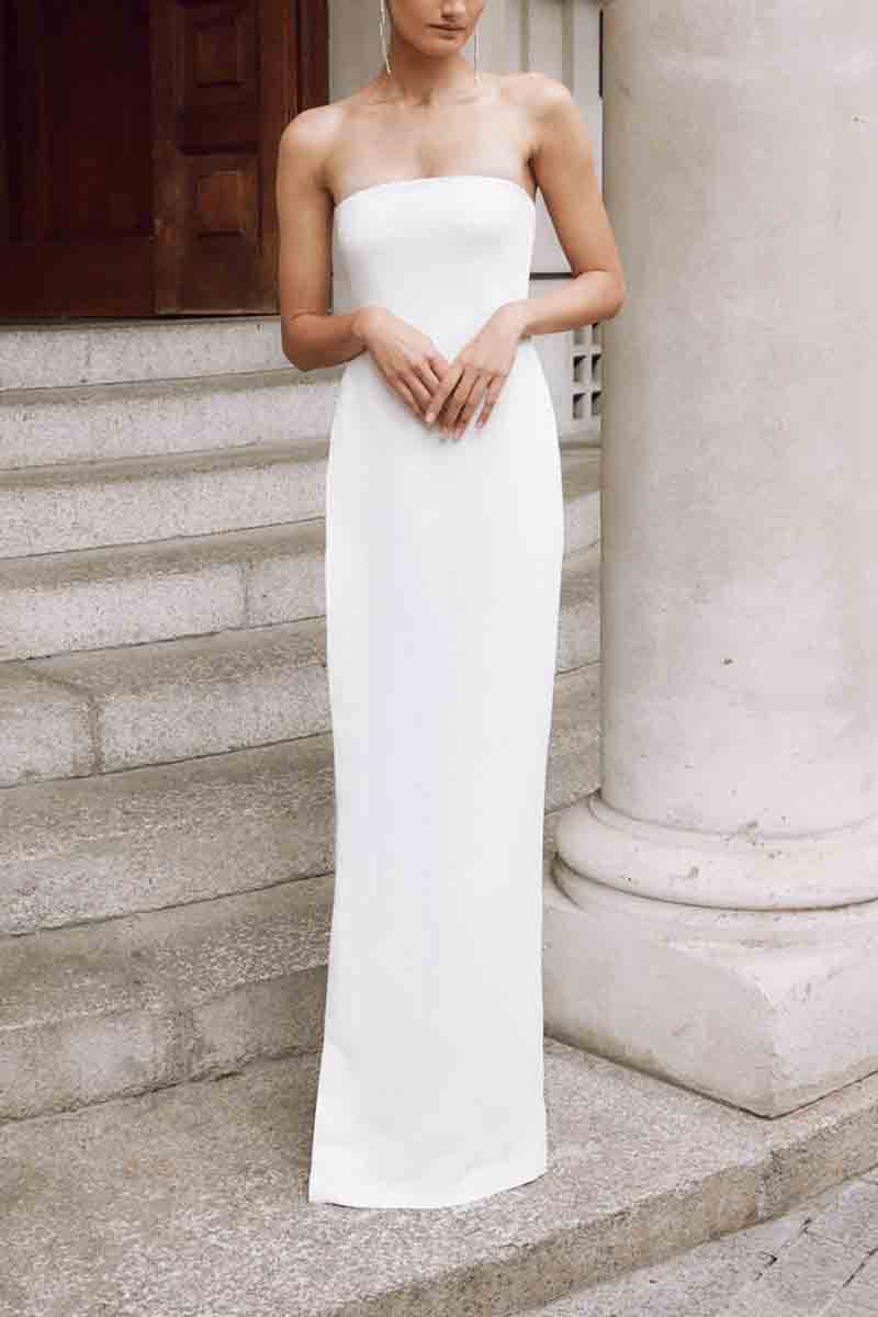 K1369 - Beach Simple Strapless Satin Sheath Long Wedding Dress With Slit