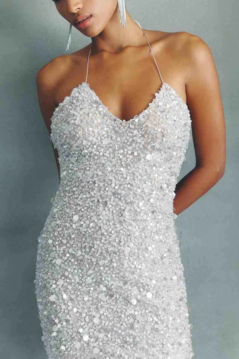 K1371 - Summer V-Neck Spaghetti Straps Sequined Sheath Mini Wedding Dress