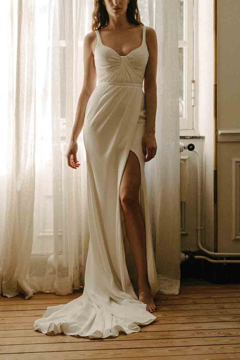 K1372 - Simple V-Neck Ruhced Satin Sheath Long Wedding Dress With Slit