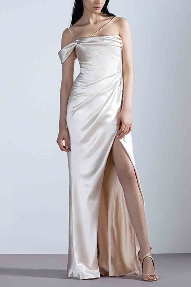 K1373 - Summer Beach One Shoulder Simple Satin Ruched Sheath Wedding Dress