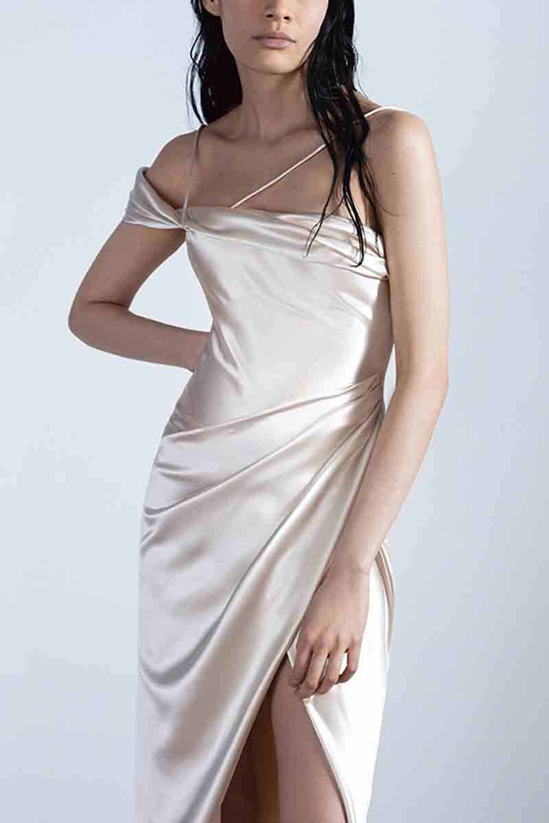 K1373 - Summer Beach One Shoulder Simple Satin Ruched Sheath Wedding Dress