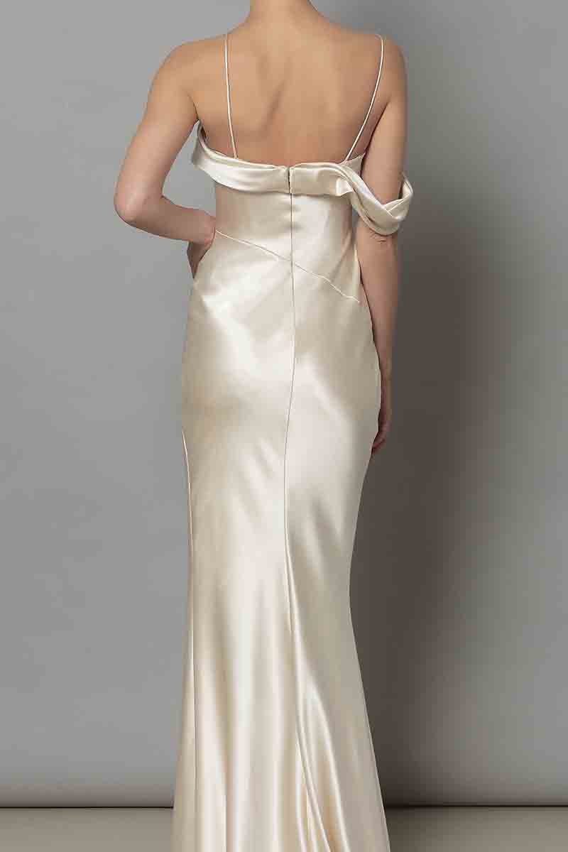 K1373 - Summer Beach One Shoulder Simple Satin Ruched Sheath Wedding Dress