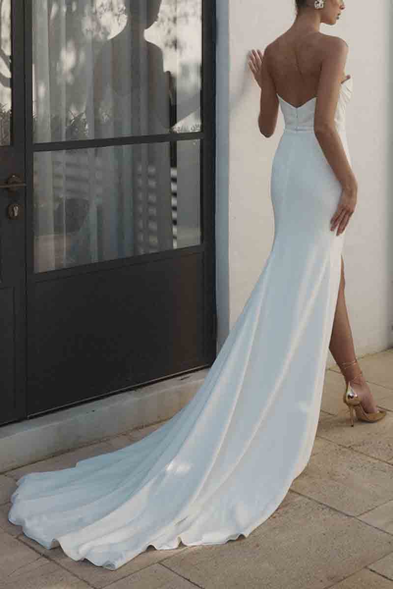 K1374 - Simple Sweetheart Strapless Ruched Sheath Long Wedding Dress