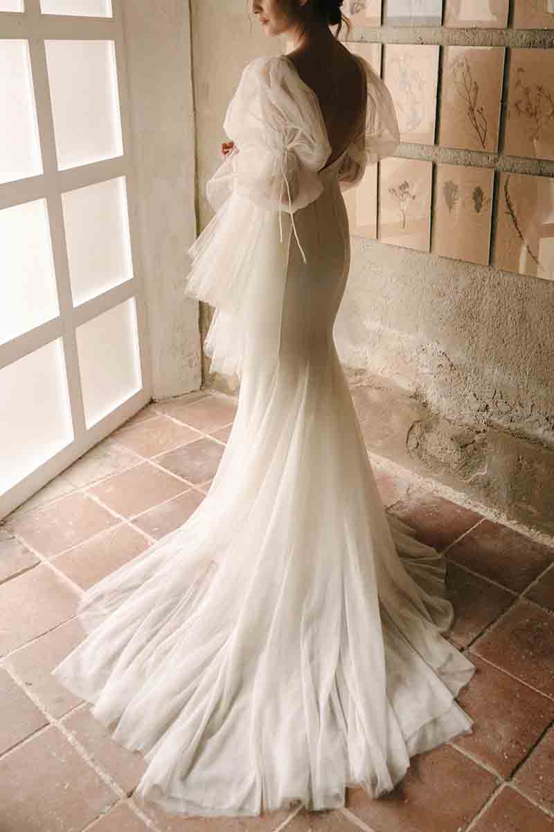 K1375 - V-Neck Long Sleeves Backless Tulle Satin Mermaid Long Wedding Dress