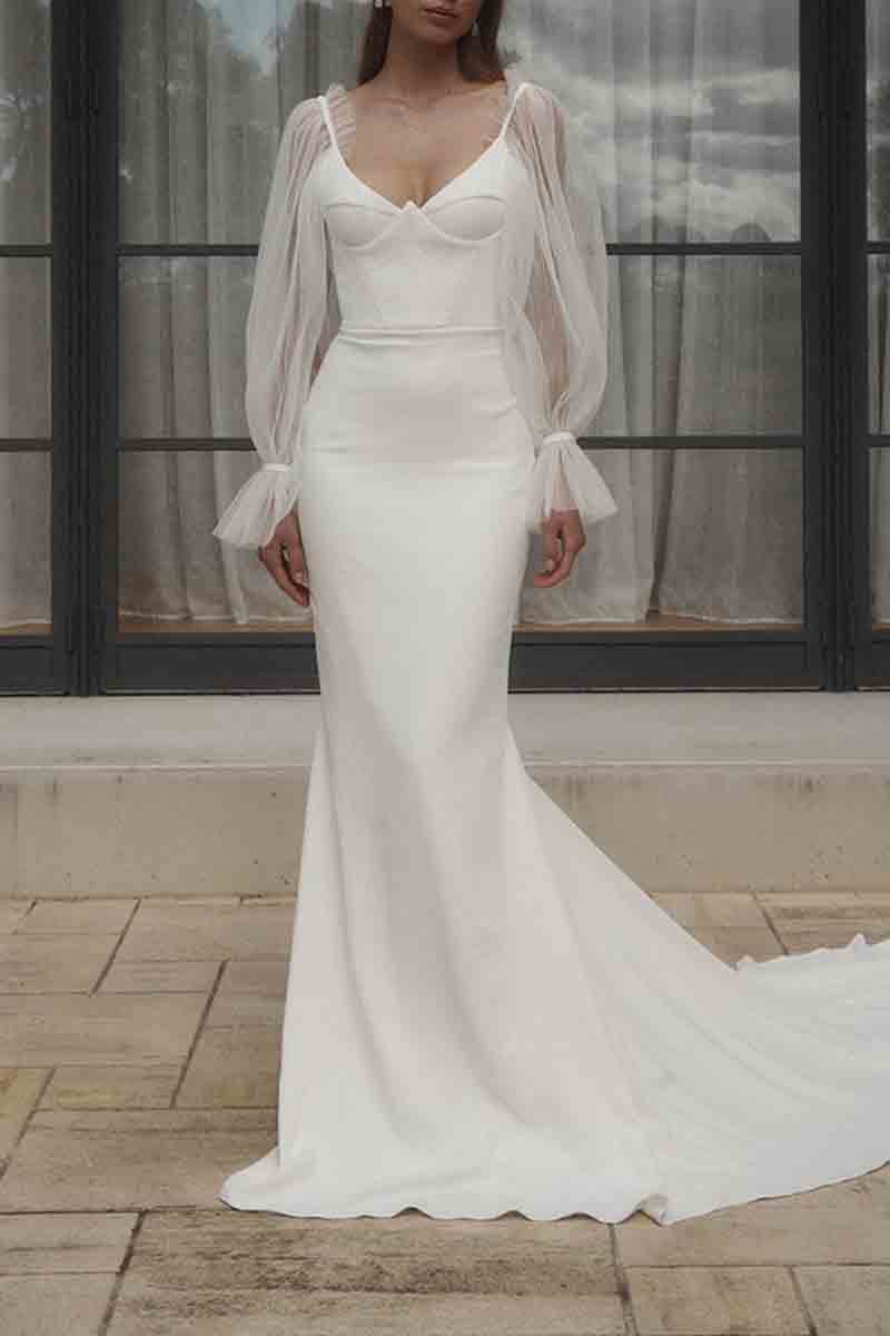 K1376 - V-Neck Long Sleeves Backless Tulle Satin Mermaid Long Wedding Dress