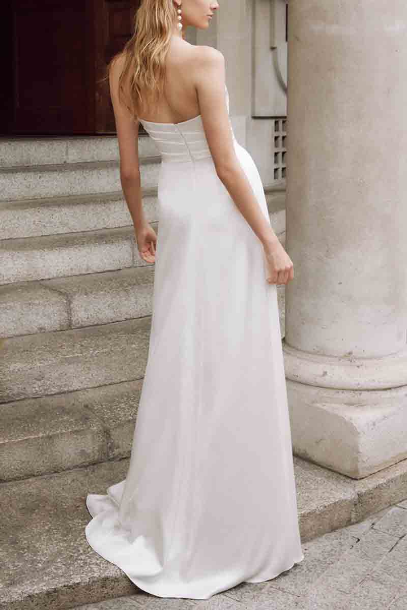 K1377- Simple Sweetheart Strapless Ruched Satin Sheath Long Wedding Dress