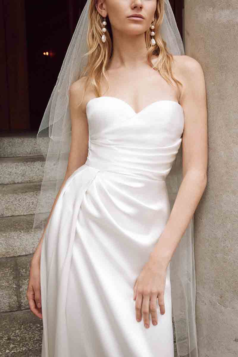 K1377- Simple Sweetheart Strapless Ruched Satin Sheath Long Wedding Dress