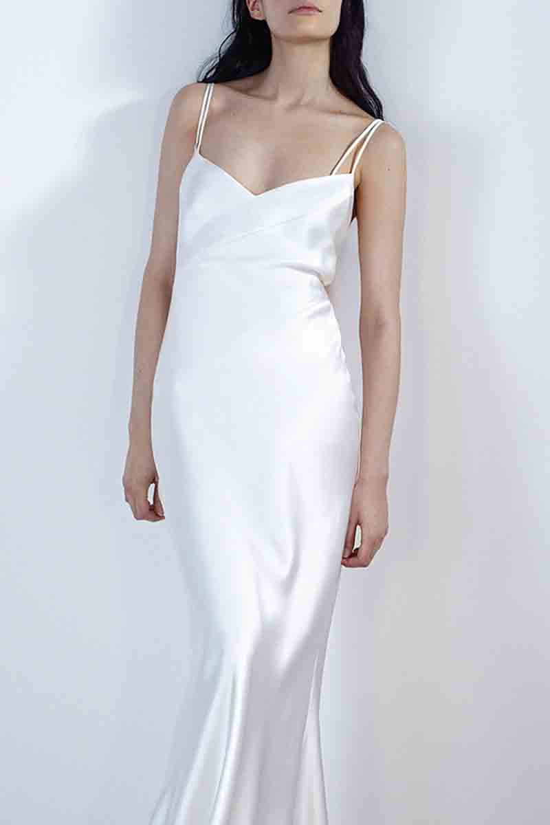 K1380 - Simple Beach V-Neck Spaghetti Straps Satin Sheath Long Wedding Dress