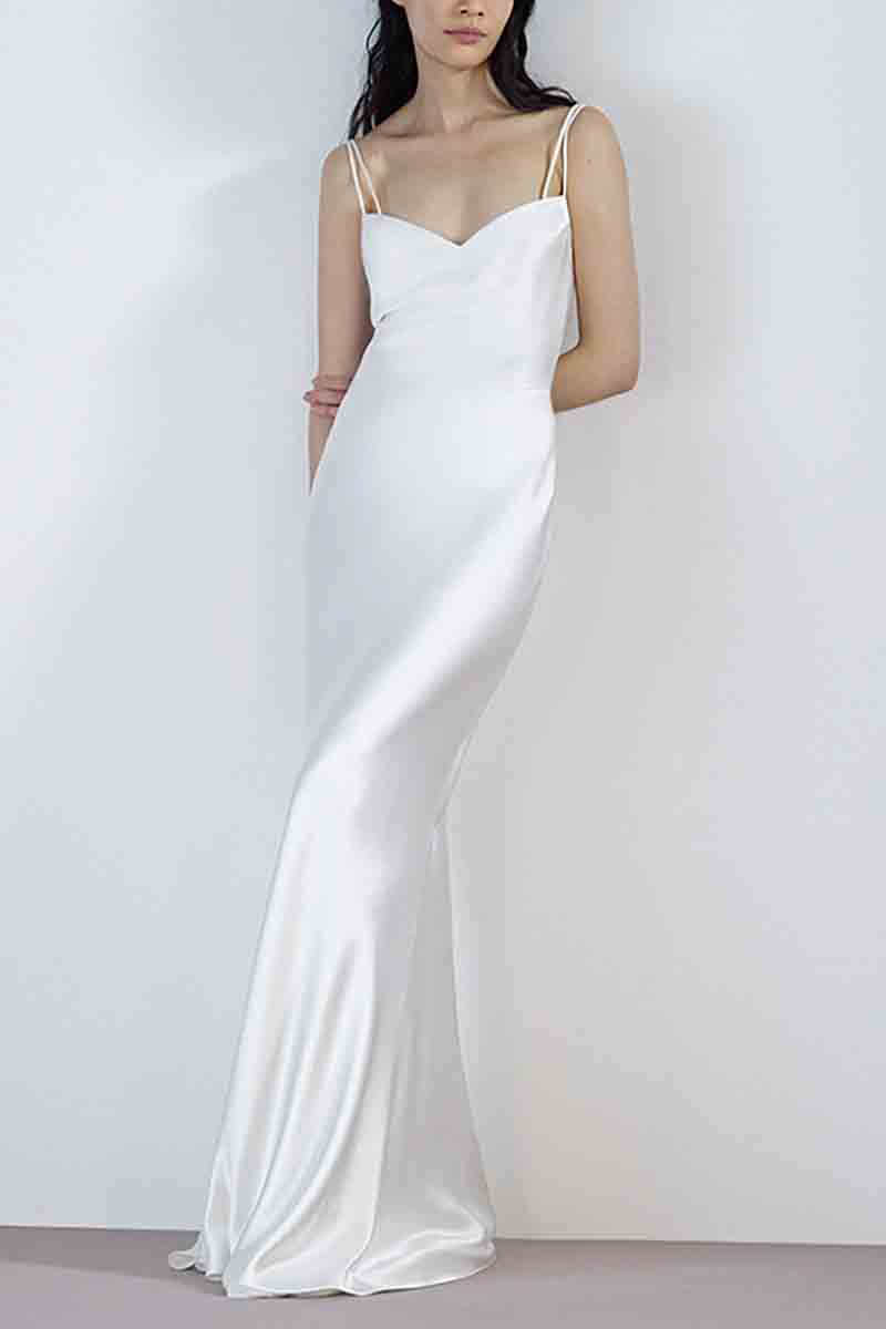 K1380 - Simple Beach V-Neck Spaghetti Straps Satin Sheath Long Wedding Dress