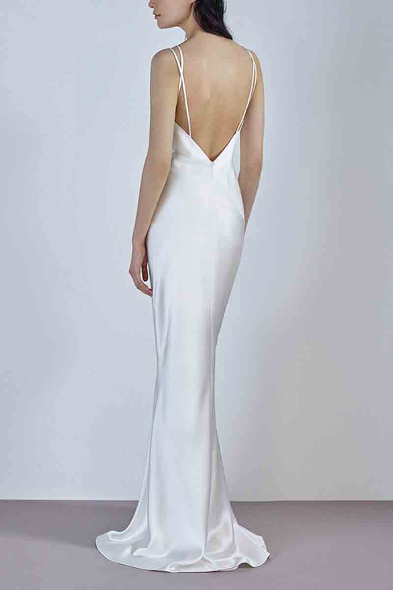 K1380 - Simple Beach V-Neck Spaghetti Straps Satin Sheath Long Wedding Dress