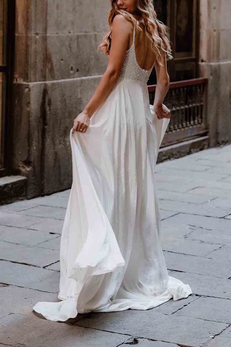 K1381 - Square Neck Spaghetti Straps Beaded Satin A-Line Long Wedding Gown