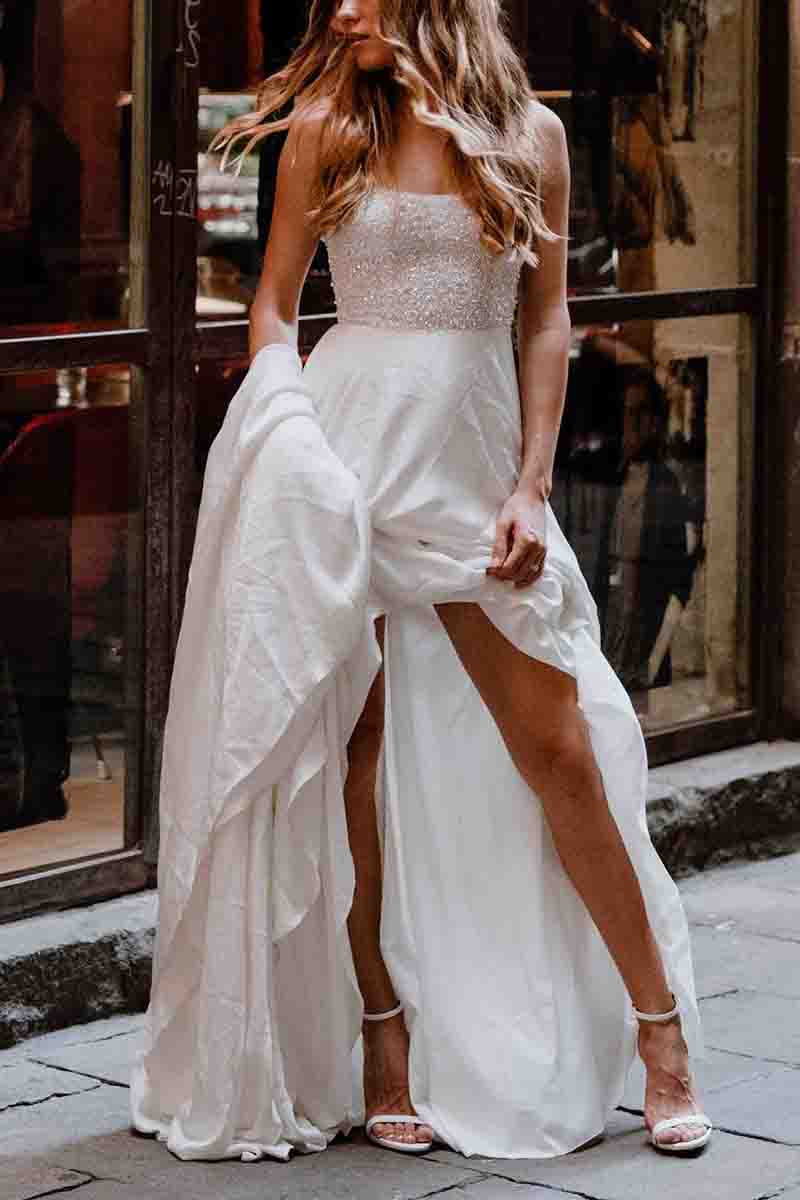 K1381 - Square Neck Spaghetti Straps Beaded Satin A-Line Long Wedding Gown