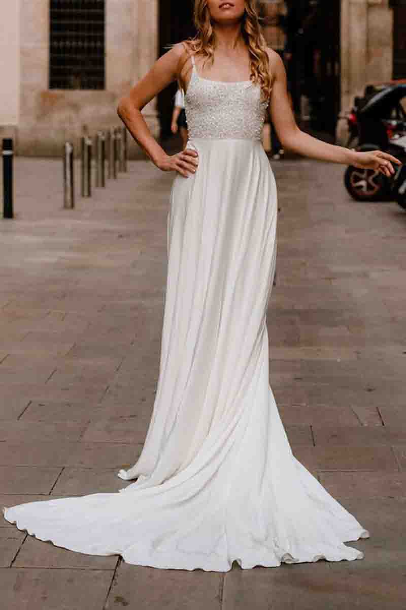 K1381 - Square Neck Spaghetti Straps Beaded Satin A-Line Long Wedding Gown