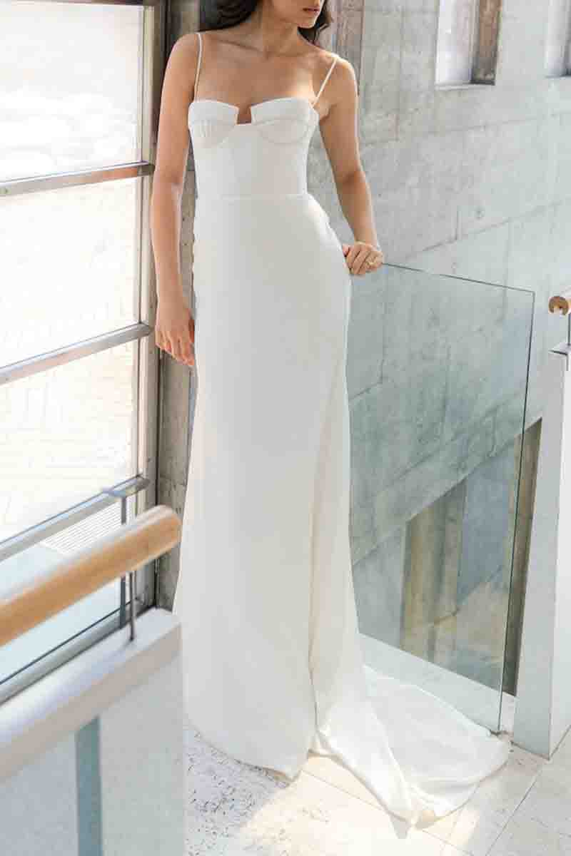 K1382 - Simple V-Neck Spaghetti Straps Satin Sheath Long Wedding Dress