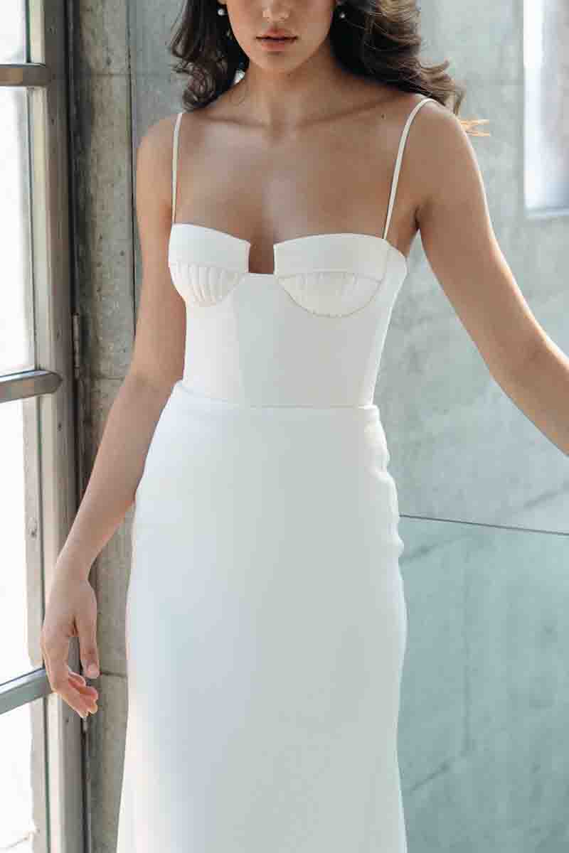 K1382 - Simple V-Neck Spaghetti Straps Satin Sheath Long Wedding Dress