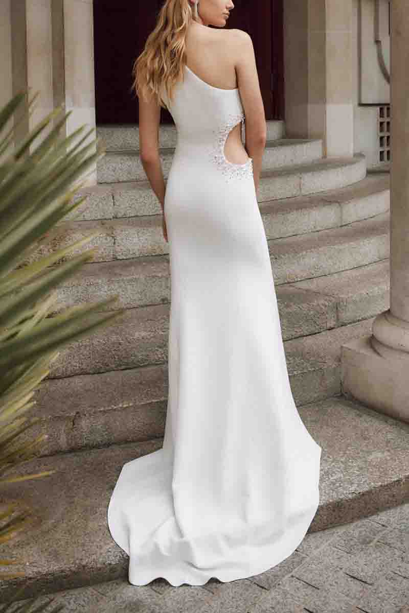 K1383 - One Shoulder Sleeveless Cut Outs Beaded Sheath Long Wedding Dress