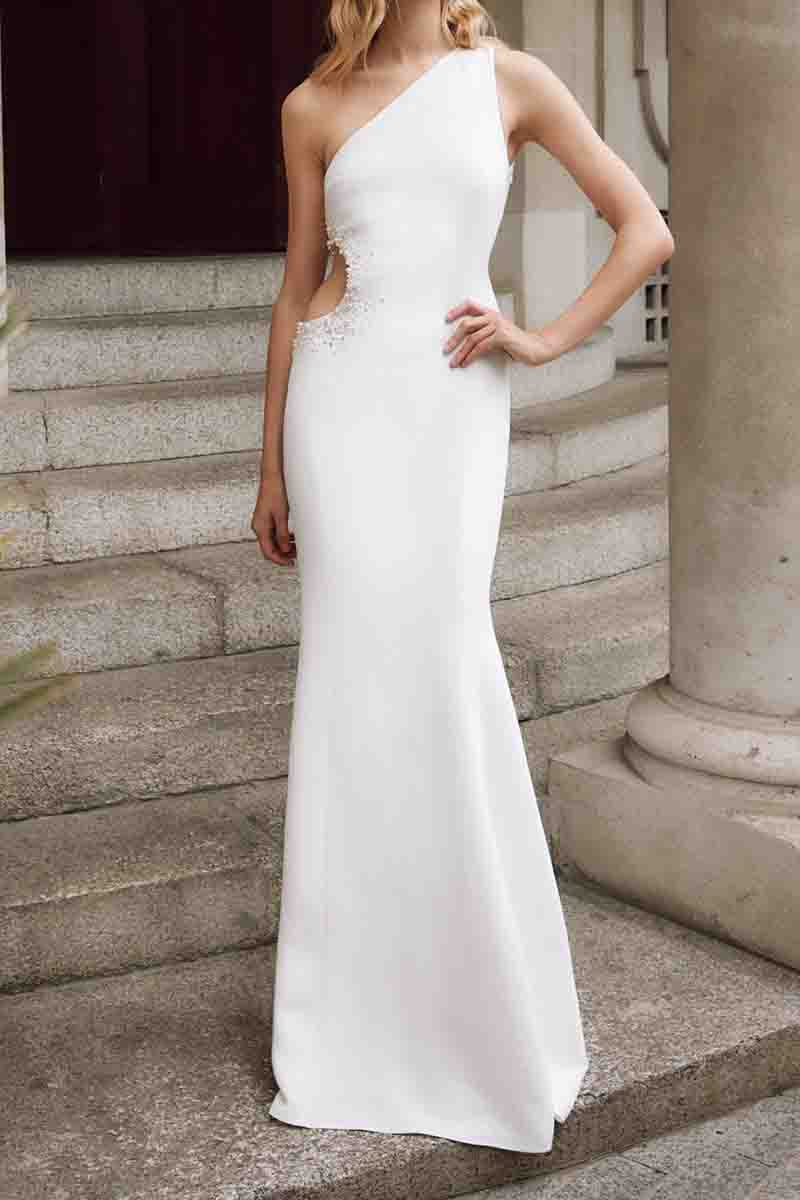 K1383 - One Shoulder Sleeveless Cut Outs Beaded Sheath Long Wedding Dress