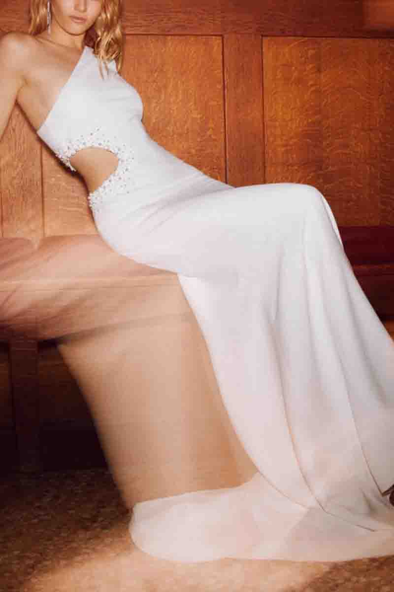 K1383 - One Shoulder Sleeveless Cut Outs Beaded Sheath Long Wedding Dress