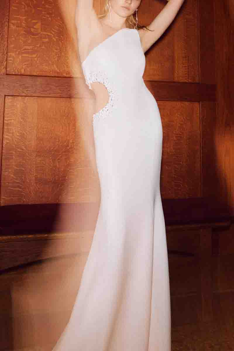 K1383 - One Shoulder Sleeveless Cut Outs Beaded Sheath Long Wedding Dress