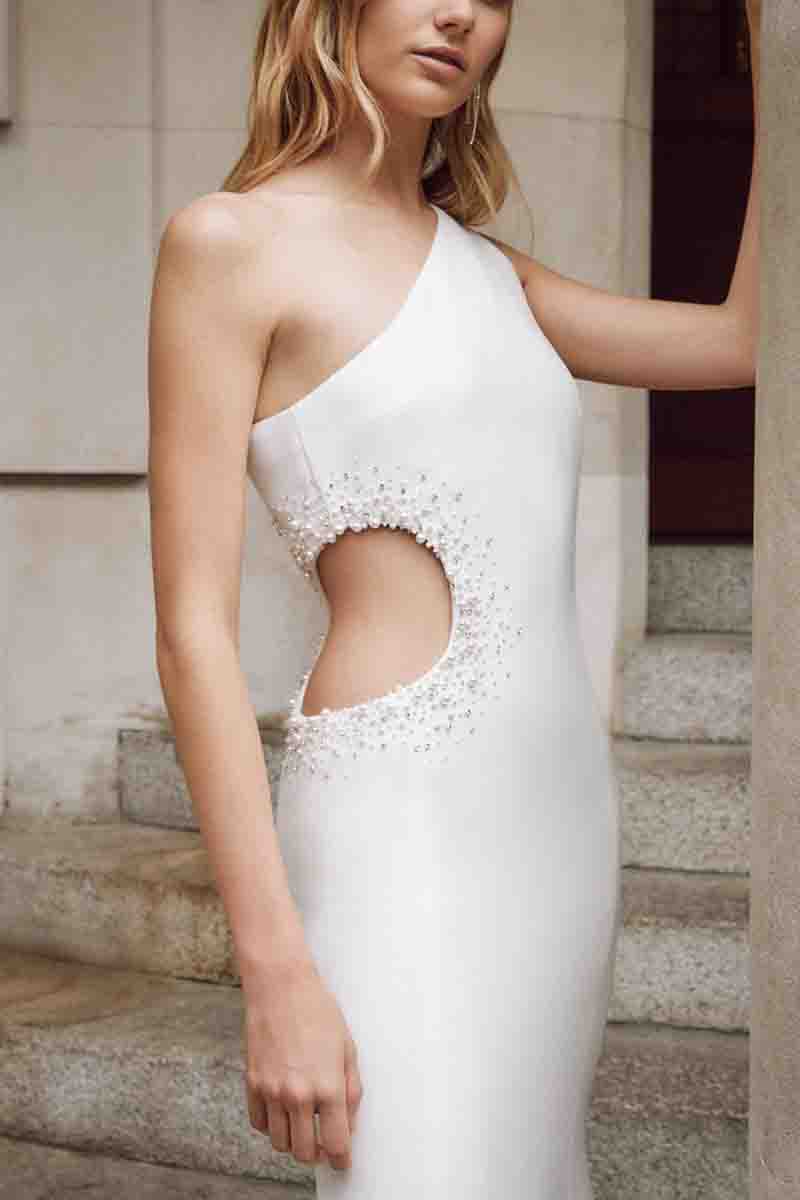 K1383 - One Shoulder Sleeveless Cut Outs Beaded Sheath Long Wedding Dress