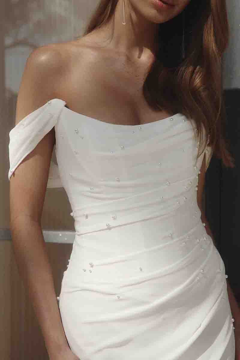 K1384 - Off-Shoulder Pearl Beaded Ruched Satin Sheath Long Wedding Dress