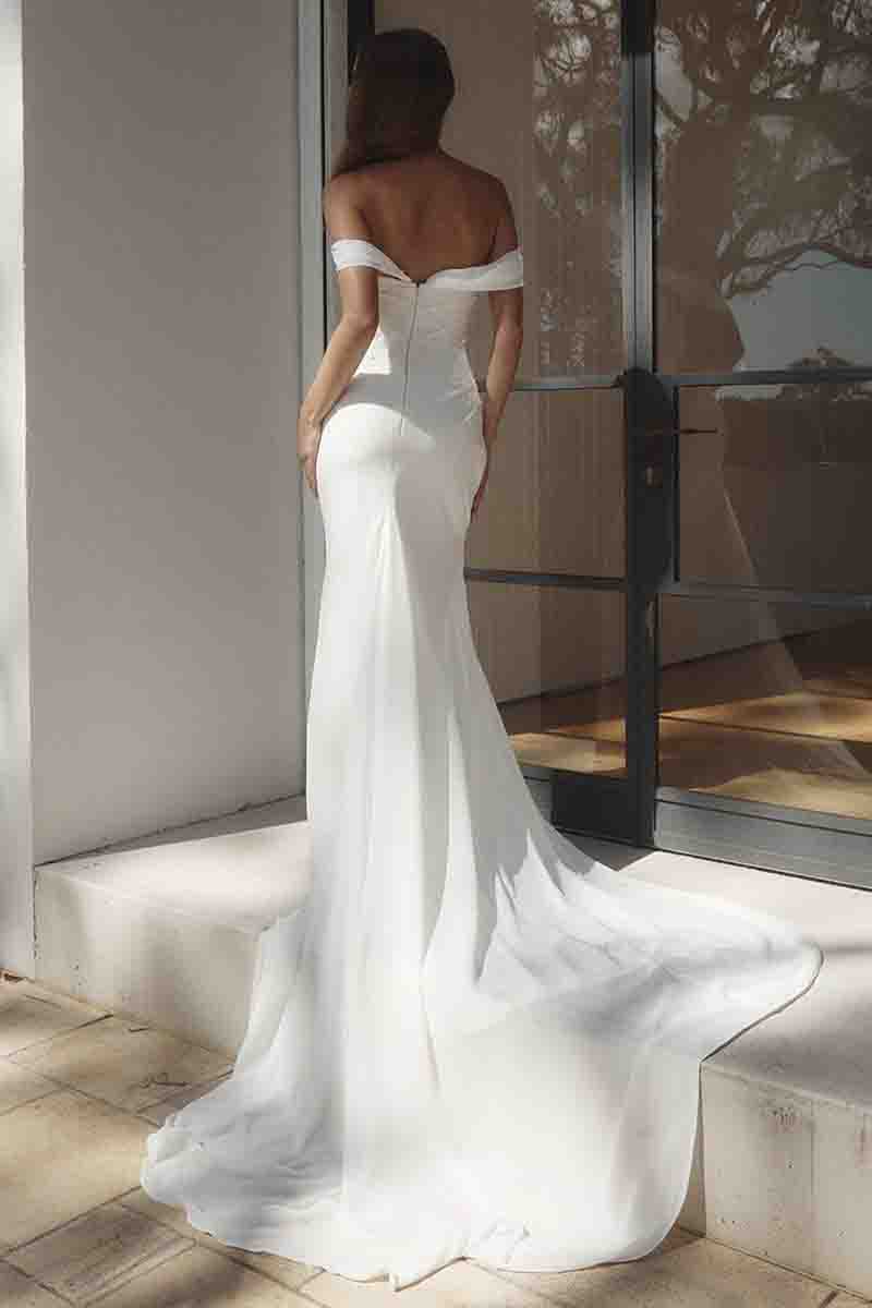 K1384 - Off-Shoulder Pearl Beaded Ruched Satin Sheath Long Wedding Dress