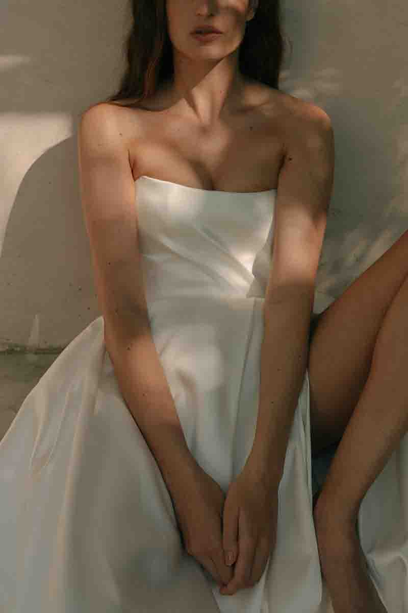 K1385 - Summer Beach Strapless Ruched Satin A-Line Long Wedding Dress