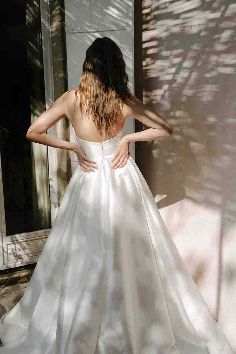 K1385 - Summer Beach Strapless Ruched Satin A-Line Long Wedding Dress